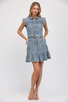 FATE - SLVL BUTTON FRONT WASHED DENIM DRESS FD35101