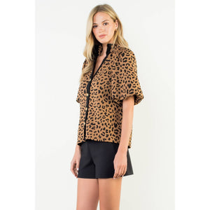 THML - Puff Sleeve Contrast Trim Cheetah Print Top