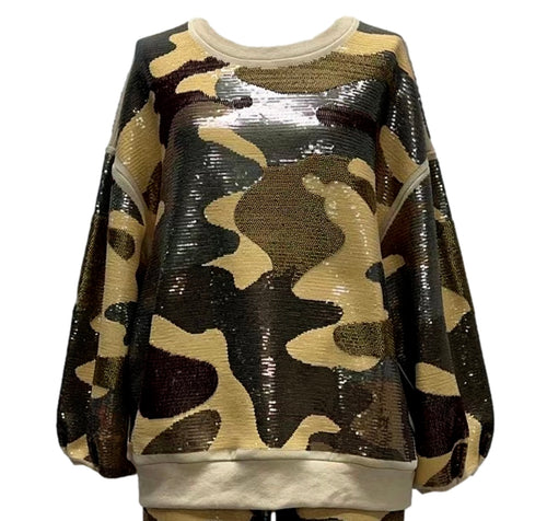 QOS Queen of Sparkles Green Full Sequin Camo Sweatshirt