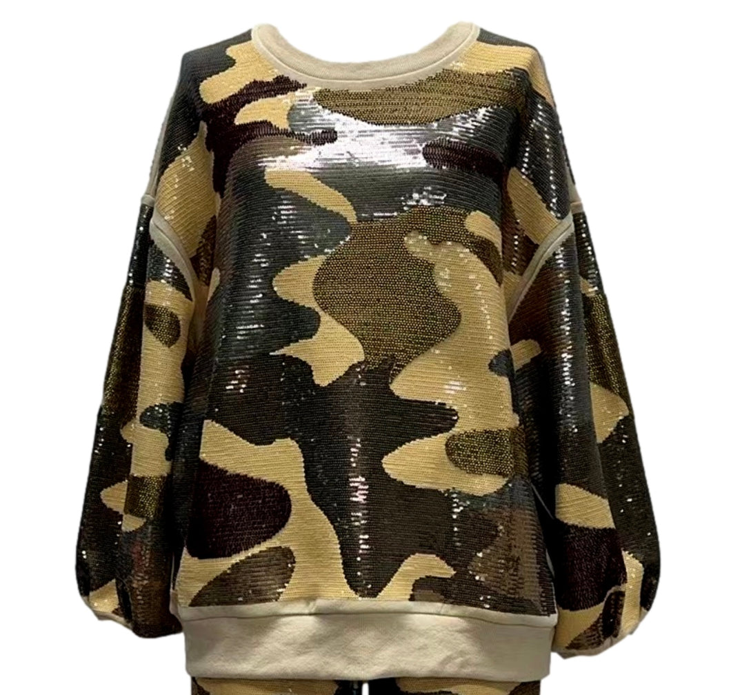 QOS Queen of Sparkles Green Full Sequin Camo Sweatshirt