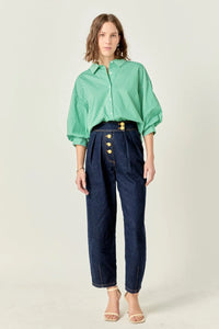 English Factory Green Stripe Balloon Sleeve Shirt