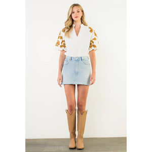 THML - Embroidered Chenille Floral Puff Sleeve Top