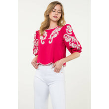 Load image into Gallery viewer, THML - Embroidered Puff Sleeve Textured Top