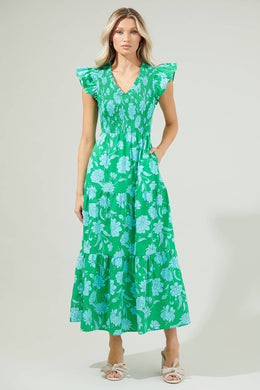 Sugarlips - Waterlilly Floral Sunfire Smocked Bodice Tiered Midi Dress