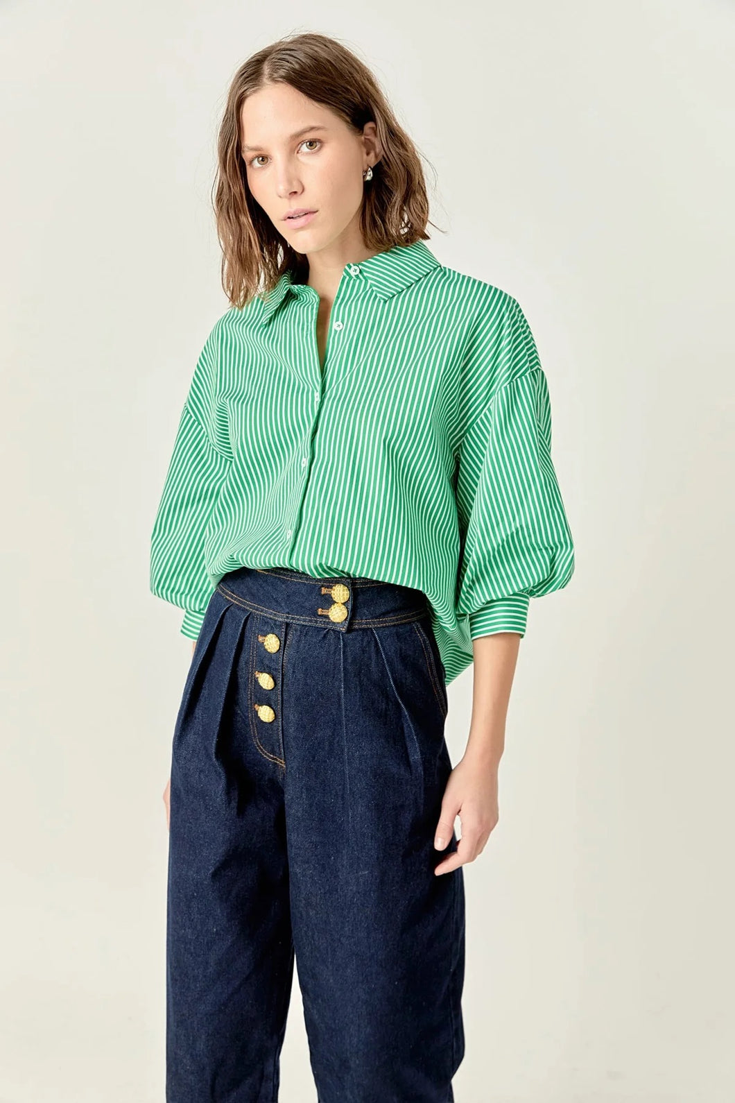 English Factory Green Stripe Balloon Sleeve Shirt