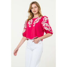 Load image into Gallery viewer, THML - Embroidered Puff Sleeve Textured Top