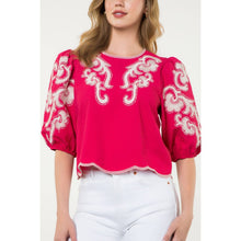 Load image into Gallery viewer, THML - Embroidered Puff Sleeve Textured Top