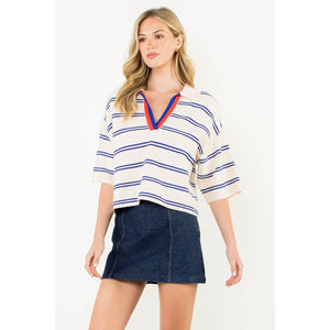 THML - Short Sleeve Striped Knit Top