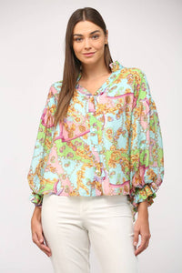 FATE Chain Print Tencel Blend Bubble Sleeve Blouse