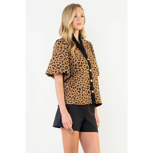 THML - Puff Sleeve Contrast Trim Cheetah Print Top