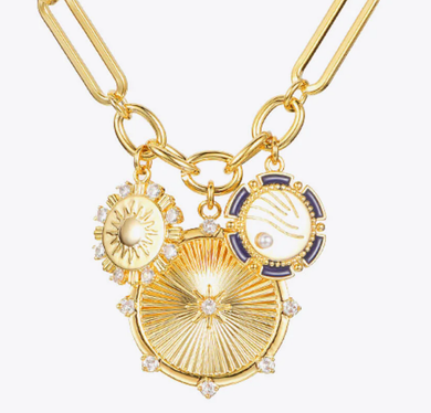 HoopLa Style - 8 Point Wheel Medallion & Sun Charm Lariat Coin Necklace 