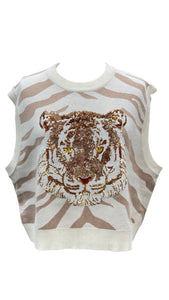 QOS Queen of Sparkles White & Tan Tiger Face Tiger Head Sweater