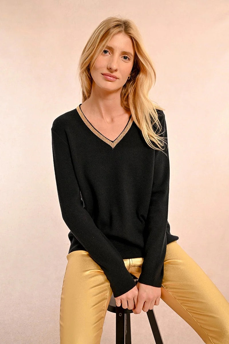 Molly Bracken- Black Knitted top with Gold V-Neckline