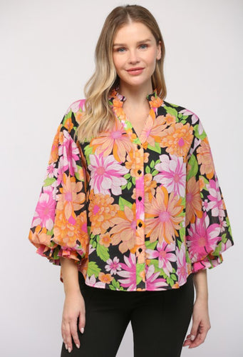 Fate Floral Print Cotton Bubble Sleeve Blouse