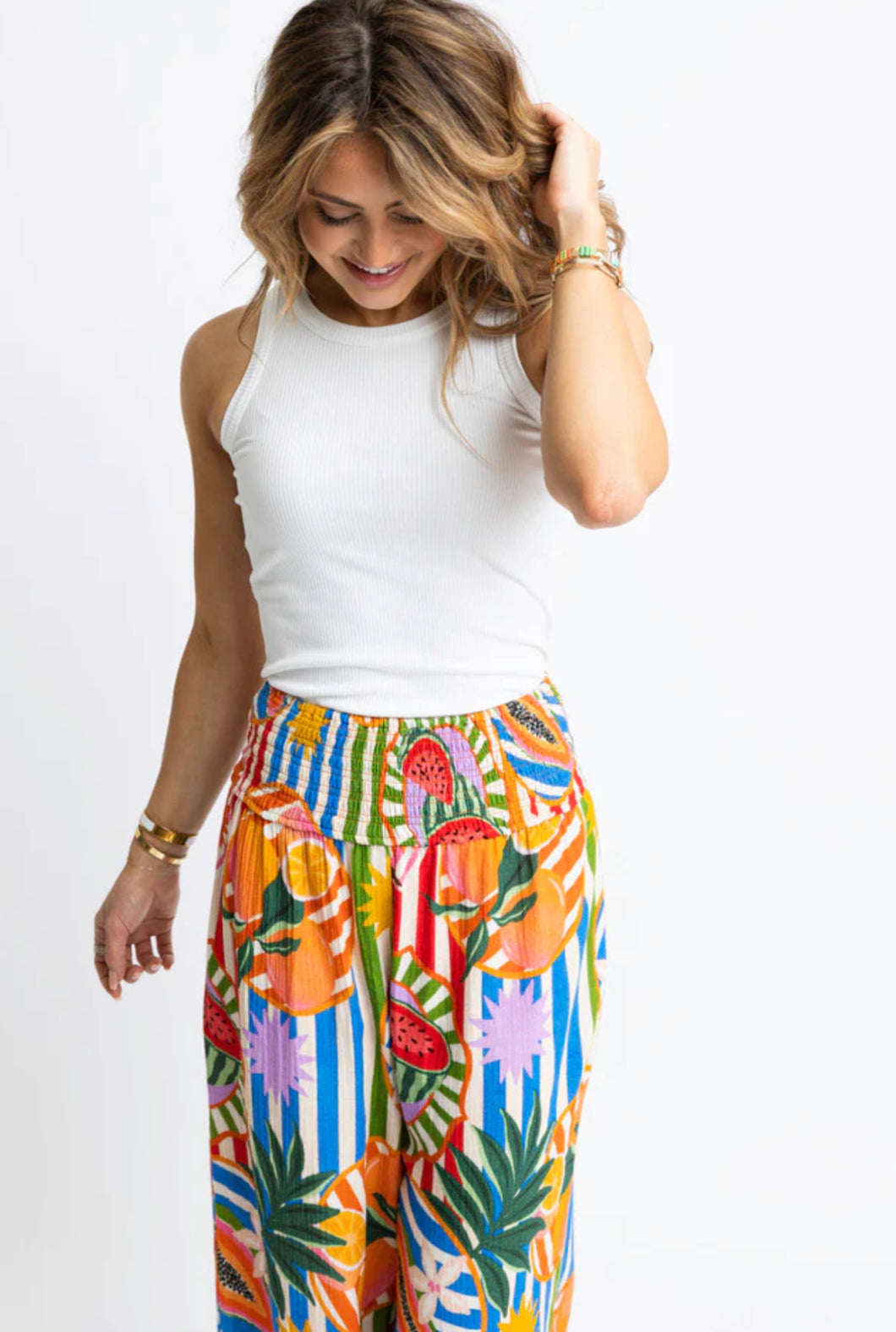 Karlie Tropical Island Fruit Smock Waist Pant