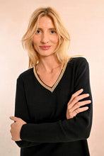 Load image into Gallery viewer, Molly Bracken- Black Knitted top with Gold V-Neckline