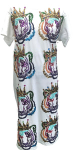 QOS Queen of Sparkles White Multi Tiger Queen Midi Tee Dress