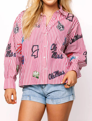QOS Queen of Sparkles Licensed Ole Miss Mini Icon Striped Button Down