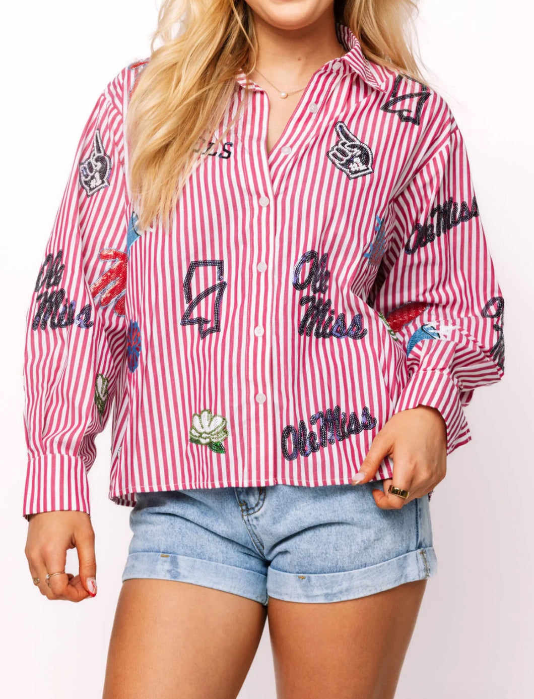 QOS Queen of Sparkles Licensed Ole Miss Mini Icon Striped Button Down