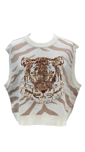 QOS Queen of Sparkles White & Tan Tiger Face Tiger Head Sweater