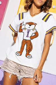 QOS Queen of Sparkles Lisc White, Purple & Gold LSU Tiger Jersey Tee