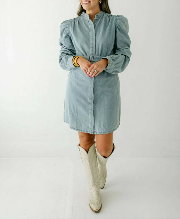 Karlie Puff Sleeve Belted Denim Dress