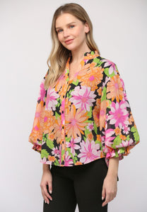 Fate Floral Print Cotton Bubble Sleeve Blouse