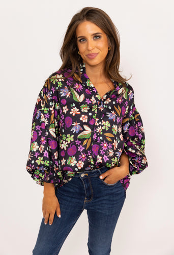 Karlie Floral Satin Button Puff Sleeve Top