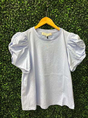English Factory Shirring Sleeve Knit Top in Blue
