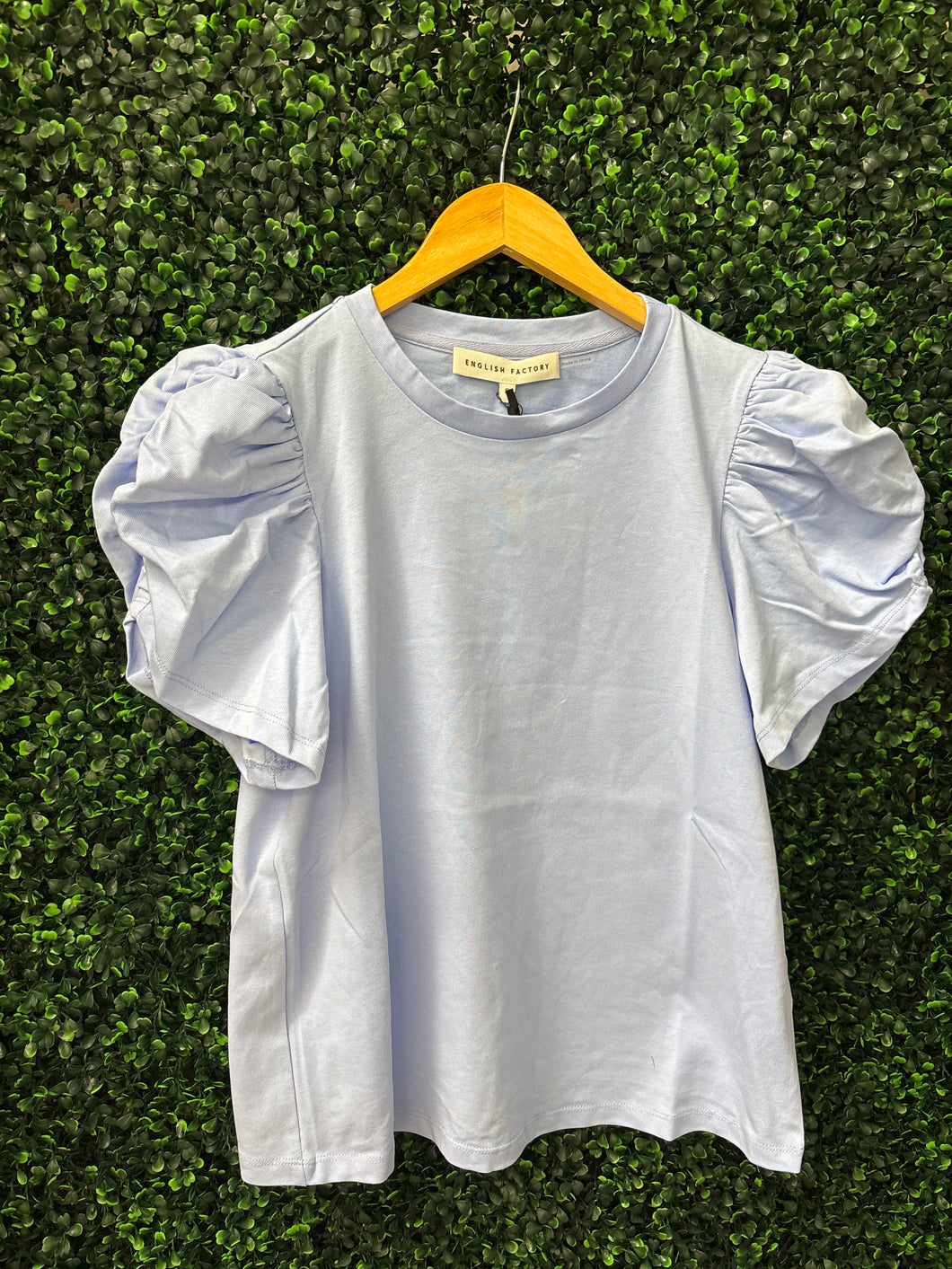 English Factory Shirring Sleeve Knit Top in Blue