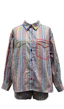 Load image into Gallery viewer, QOS Queen of Sparkles Rainbow Striped Button Up Pocket Cotton Top