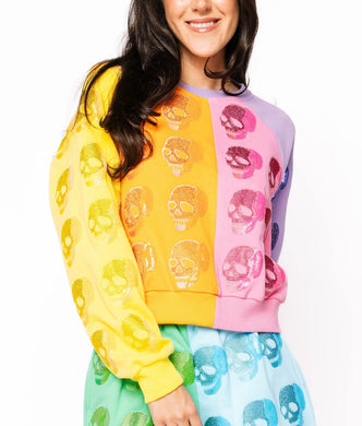 QOS Queen of Sparkles Colorblock Multi Skull Sweatshirt