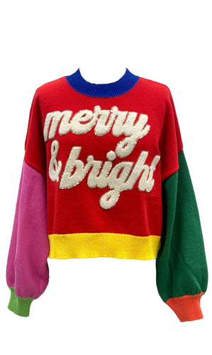 QOS Queen of Sparkles Colorblock Fuzzy “Merry & Bright” Sweater