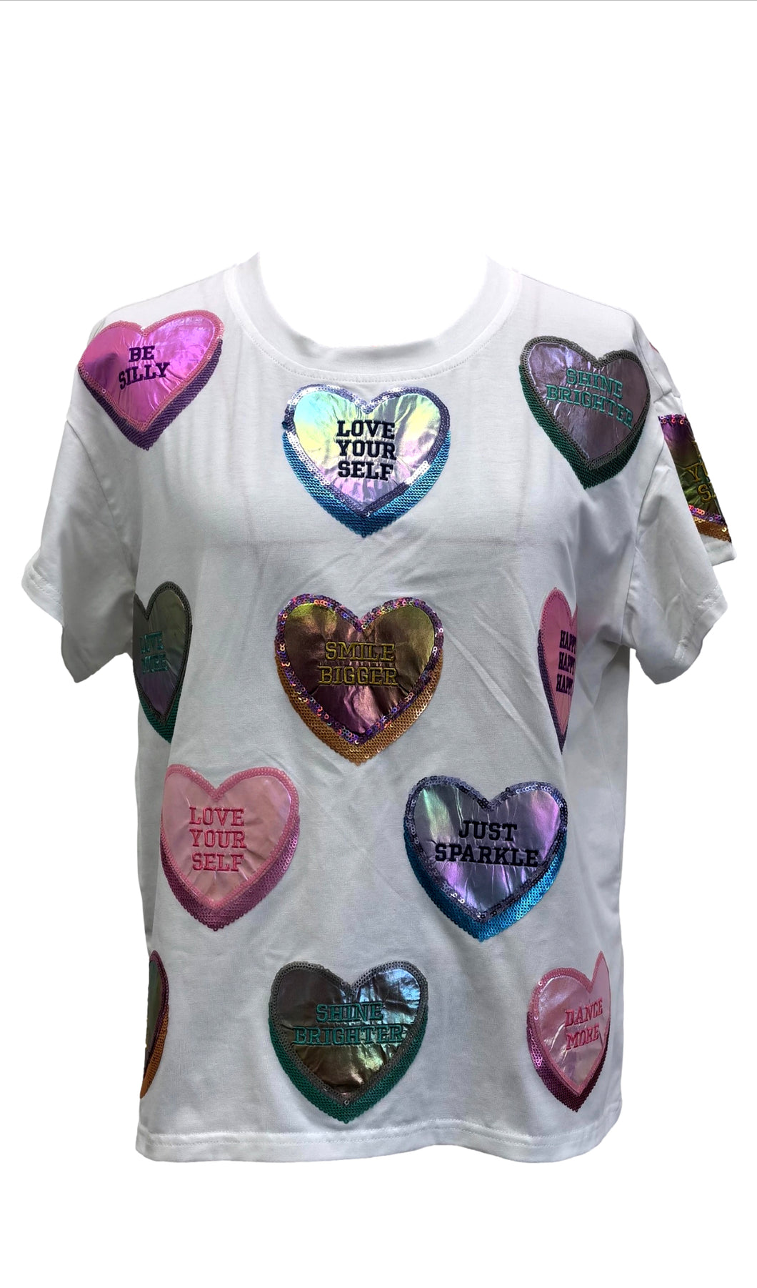 QOS Queen of Sparkles White Positive Candy Hearts Tee