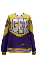 Load image into Gallery viewer, QOS Queen of Sparkles Yellow &amp; Purple Tigers Holograph Sweatshirt