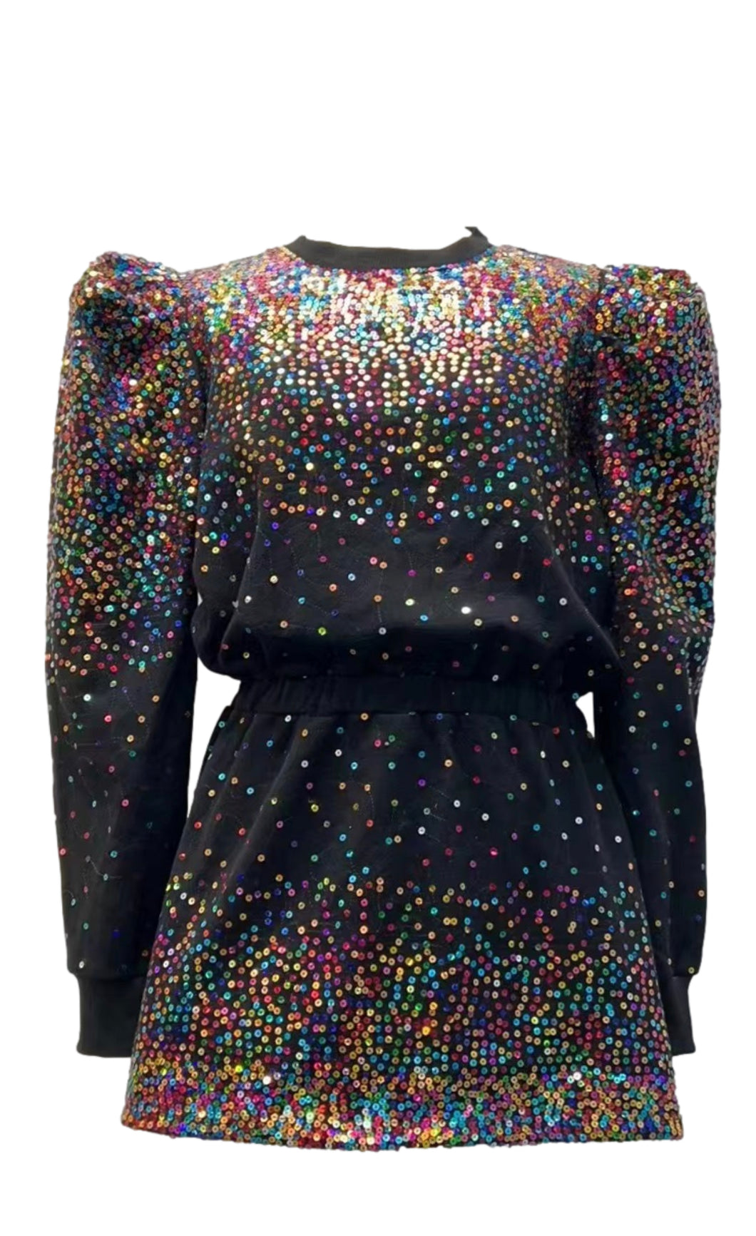 Queen of Sparkles Multi Sequin Poof Sleeve Sweatshirt Dress