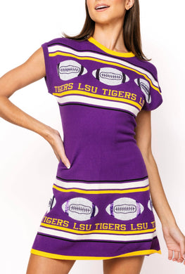 QOS Queen of Sparkles Licensed LSU Vintage Football Stripes Sweater Dress