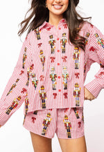 Load image into Gallery viewer, QOS Queen of Sparkles Red Stripe Scattered Nutcracker &amp; Bow Button Up
