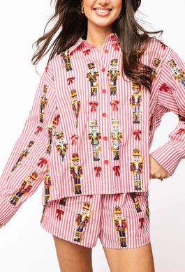 QOS Queen of Sparkles Red Stripe Scattered Nutcracker & Bow Button Up