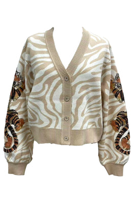 QOS Queen of Sparkles Ivory Tiger on Tiger Cardigan