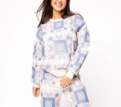 QOS Queen of Sparkles Ivory, Blue & Light Pink Patchwork Sweatshirt