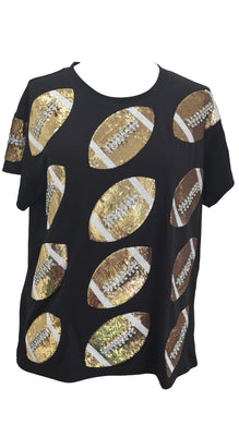 QOS Queen of Sparkles Black & Gold Rhinestone Lace Football Tee