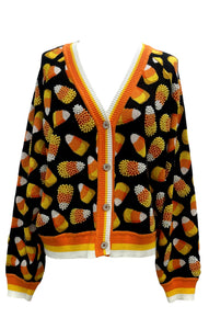 QOS Queen of Sparkles Black Pearl Candy Corn Cardigan