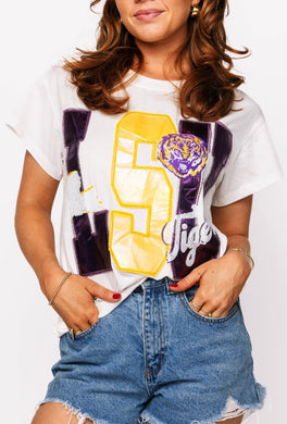 QOS Queen of Sparkles Lisc LSU Metallic Word with Icons Tee