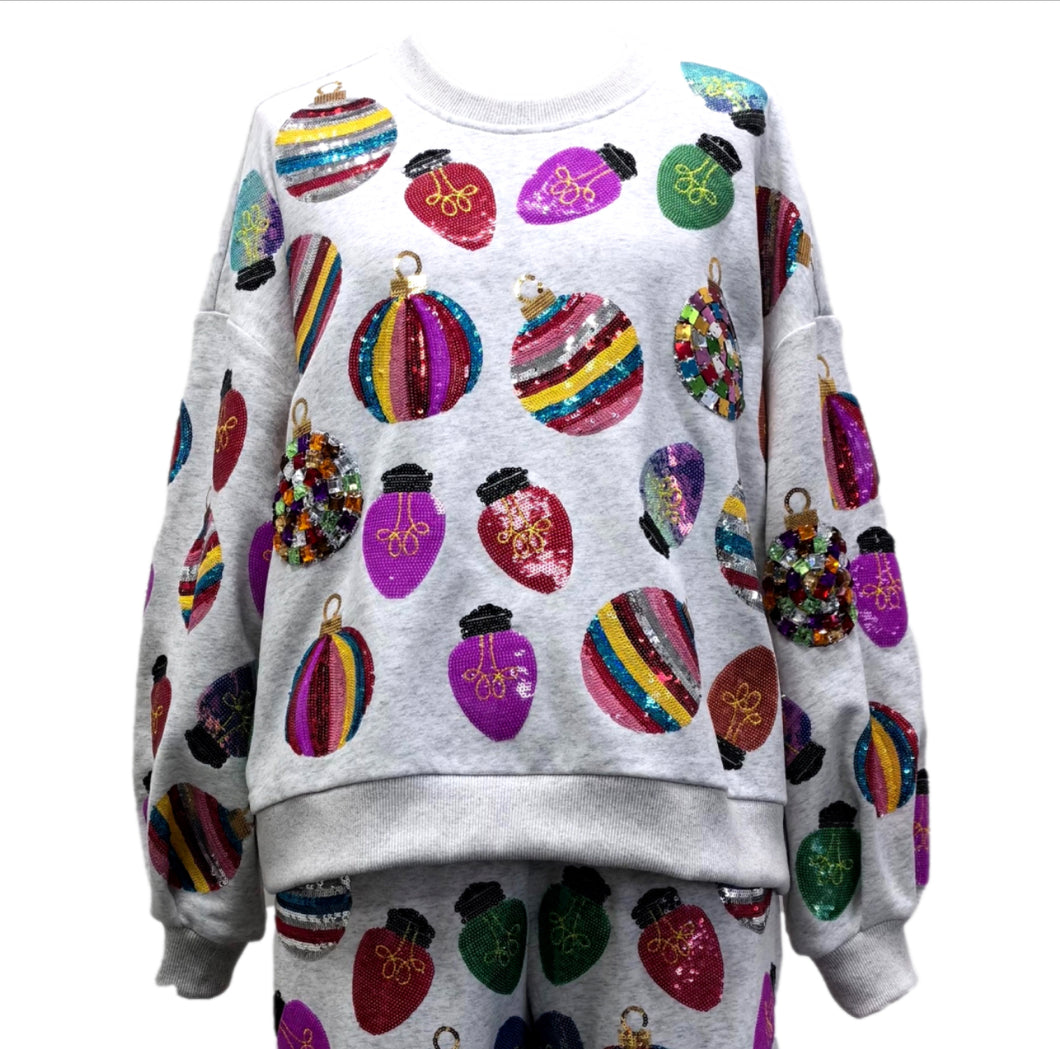 QOS Queen of Sparkles Gray Scattered Multicolored Ornament & Light Sweatshirt