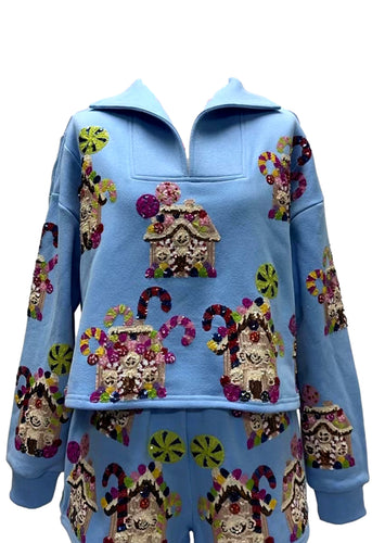 QOS Queen of Sparkles Light Blue Gingerbread House Sweatshirt