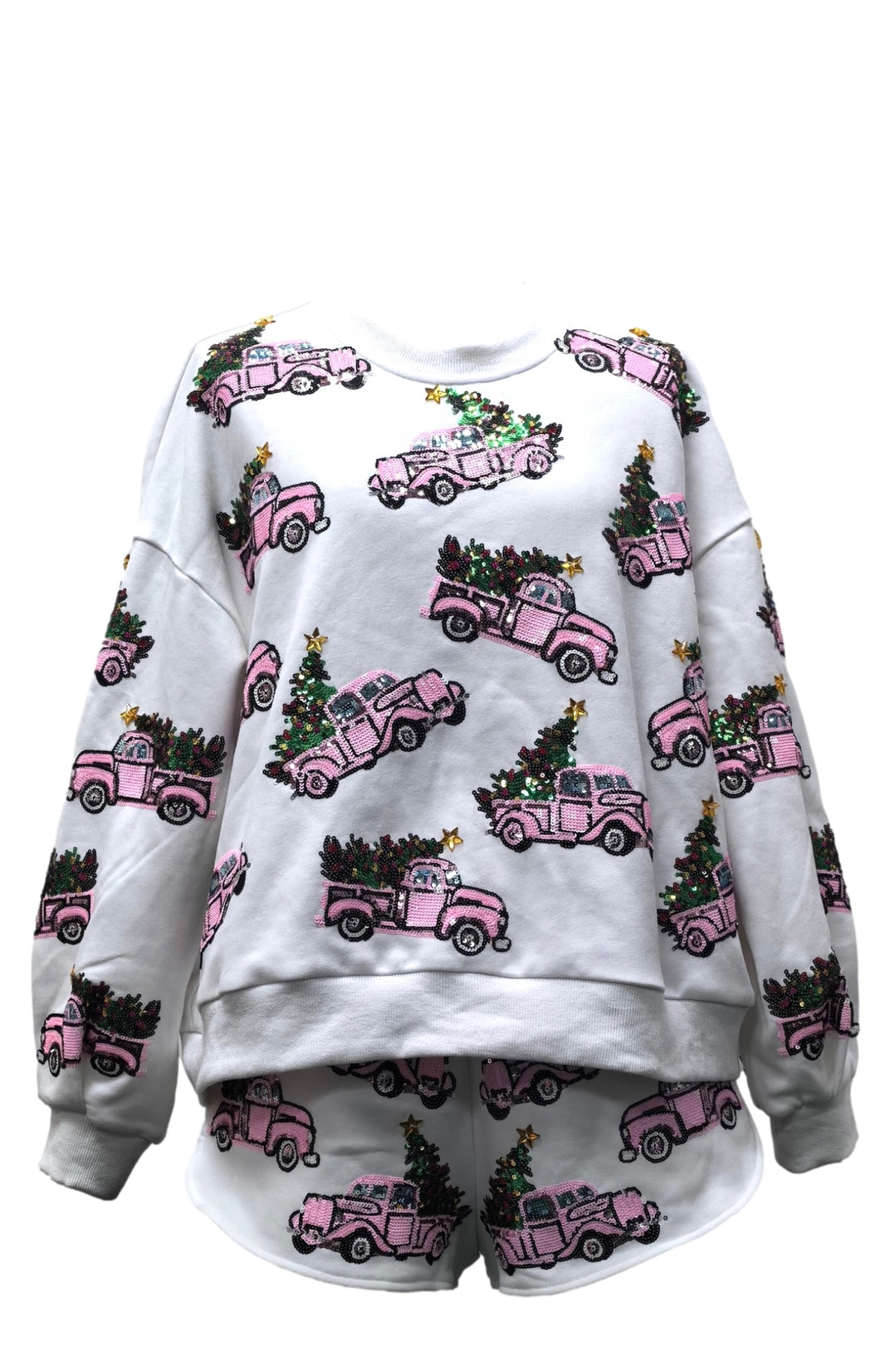 QOS Queen of Sparkles Trucks with Christmas Trees Sweatshirt in White