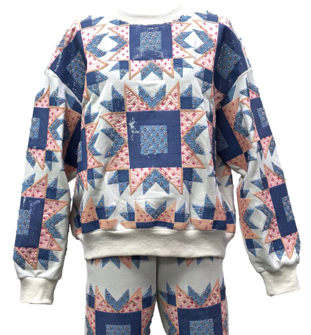 QOS Queen of Sparkles Ivory, Blue & Light Pink Patchwork Sweatshirt