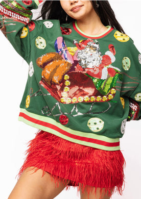 QOS Queen of Sparkles Dark Green Vintage Jingle Bell Santa Sweatshirt