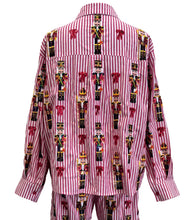 Load image into Gallery viewer, QOS Queen of Sparkles Red Stripe Scattered Nutcracker &amp; Bow Button Up
